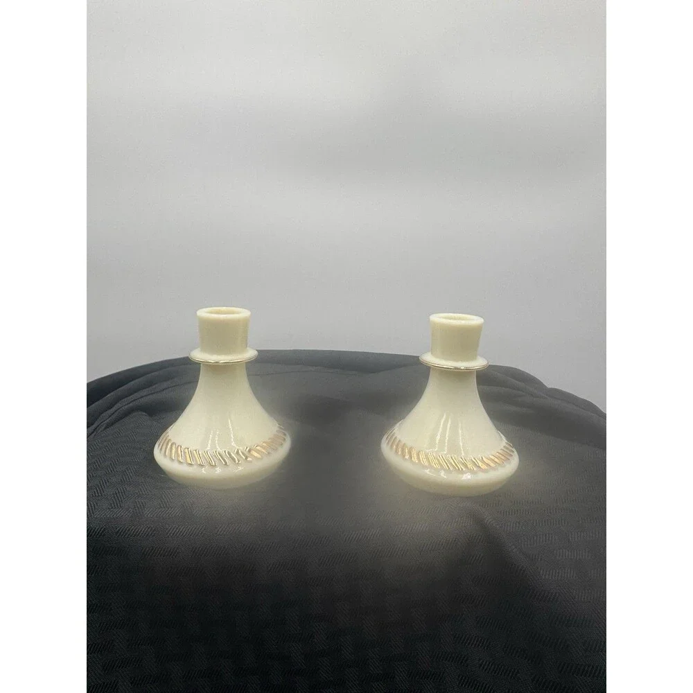 Vintage Pair Custard Glass Wheaton Ware Candle Holders Gold Trim 1970's